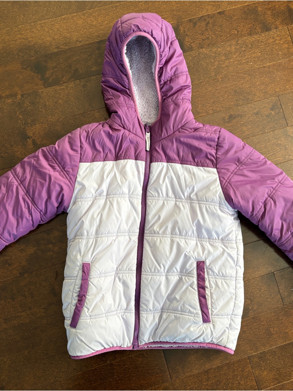 Eddie Bauer reversible Purple and White Kids Hooded Puffer Jacket